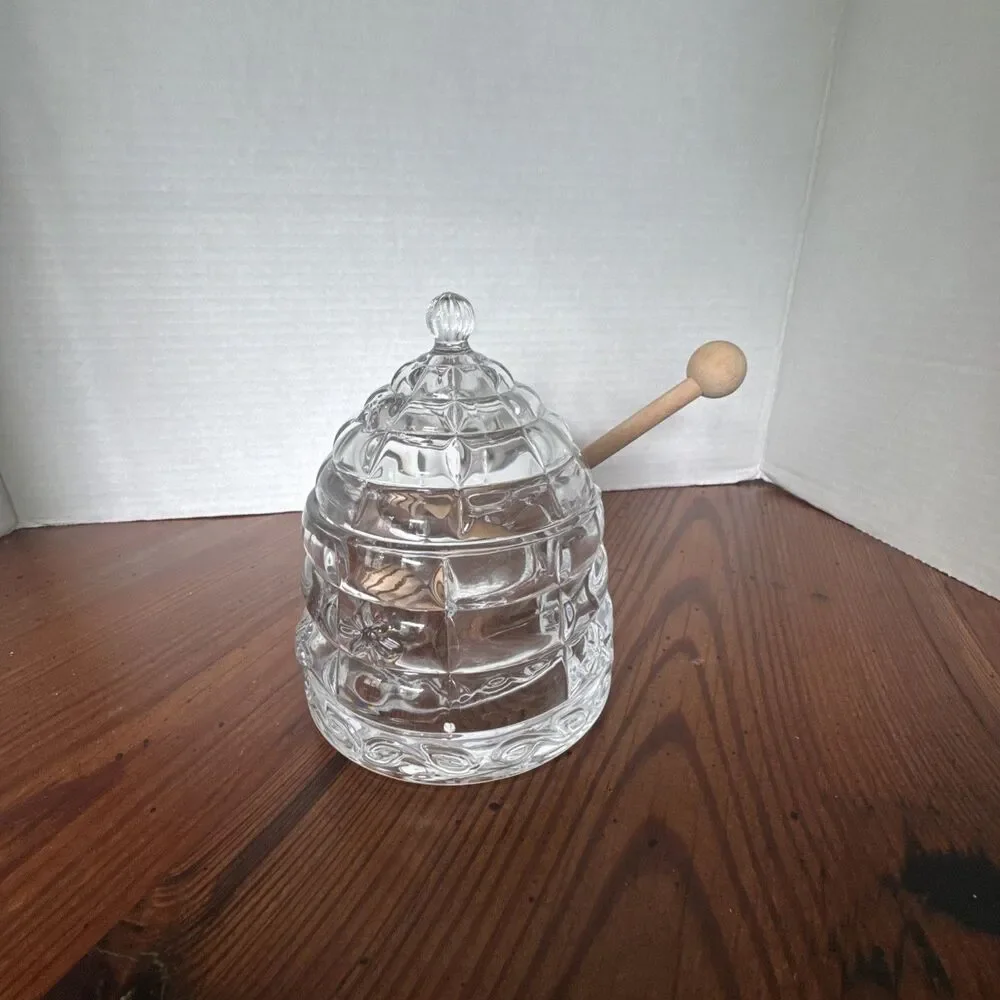 Beehive Crystal Honey  Storage Serving Glass Jar Dispenser with Wooden Dipper